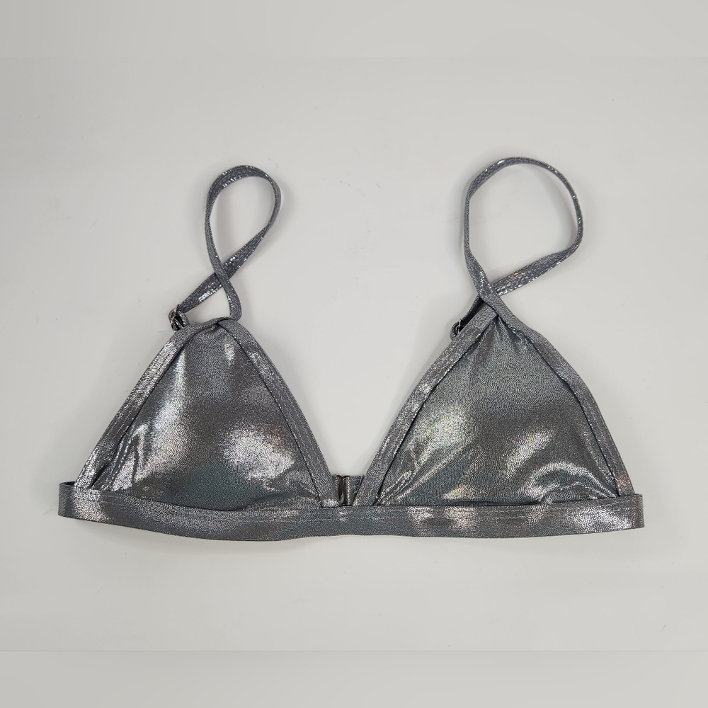 Sandy Beach Metallic Silver Triangle Bikini Swim Top Small